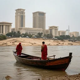 a man in red drapery in a blood barque on a river next to a neoclassical vertical city in the desert, leica sl 2 5 0 mm, heavy grain, high quality, high detail, rain, mud