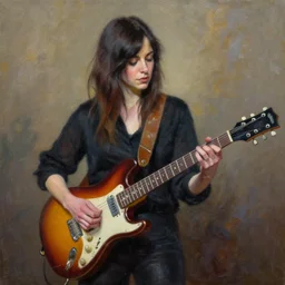 Anna Calvi playing electric guitar, oil painting by Jason Shawn Alexander