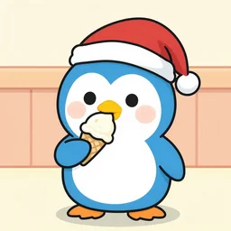 cute cartoon blue penguin with a katakana ド on its white belly, wearing a Santa hat, eating ice cream