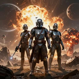 mandalorian and robocop by beksinski on a background with destroyed exploding planets and atomic bomb explosion, backlight