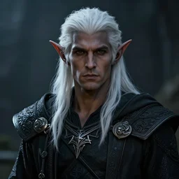 a portrait of a dark drow elf male, medium length white hair, young adult, style by donato giancola, wayne reynolds, jeff easley dramatic light, high detail, cinematic lighting, artstation, dungeons and dragons