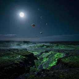 a dreamlike photo of small blobs of interdimensional fractal creatures falling from the sky in the distance, on a dark moonlit night, a vast landscape with mysterious green lava welsh hills, dust particles, natural lighting, natural color palette, awe inspiring, wide angle, cinematographic, subtle lens flare