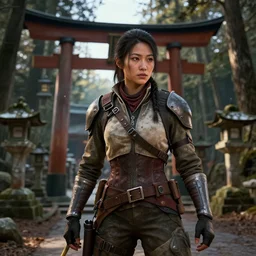 fallout 5, charismatic beautiful rugged asian female protagonist, portrait, outdoors in forest area near a tori gate of a nearby shinto shrine, atmospheric lighting, painted, intricate, volumetric lighting, daytime, winter, clear weather, golden hour, sharp focus, ultra detailed, art by william turner