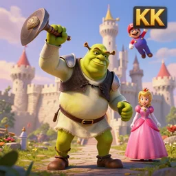 shrek in medieval armor throwing!!!!!!!! mario!!!!!!! into princess's castle, ultra hd 4 k, art, artstation, global illumination, depth of field, matte painting, dnd, trending on artstation