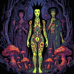 artgerm, joshua middleton, mucha, beksinski, flourescent, heavy metal comic cover art, psychedelic triangular skeletal calcification fungus lich, full body, hollow eyes, symmetrical face, long black crown, in a dungeon background, moody dark colors