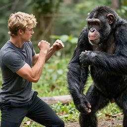 photograph of a blonde guy named josh fighting a chimpanzee. lauren looks on smugly