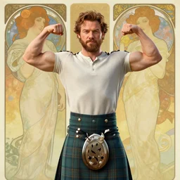 sam heughan in a kilt flexing his muscles, abstract background, alphonse mucha, rhads, ross tran, artstation, artgerm, octane render, 1 6 k