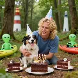 one blonde thirty years old guy and one dog with birthday hats, celebrating a birthday in a forest, with chocolate cakes slices, green aliens and kayaks, with a lighthouse in the background