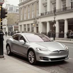 1900's photograph of the latest tesla model s plaid on 90's streets of london, old photograph, detailed
