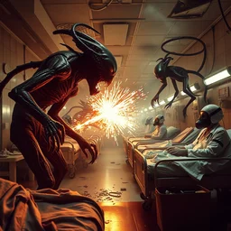 big budget science fiction movie frenzy high action sparks strobing lights sputtering disturbing mutant alien shapeshifters set in a trashed burning war torn hospital high energy fight scene between bizarre disturbing slimy wet terrifying alien life forms and doctors wearing gas masks on hospital beds dramatic lighting chiaroscuro