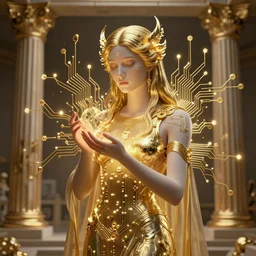 the ethereal diety of technology bestows the gift of circuits to humanity. immaculate matte painting. fantastic. velvet and gold. high key studio lighting. fractal dreams. ancient greece, trending on artstation, cgsociety, ps 5, uhd 8 k, maya