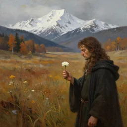 concept art, mood painting, environment painting, rohan man holding white flower looking at flower large field autumn october snow capped mountains in background lord of the rings lotr. style of, ryan church, jon mccoy, george hull, painting