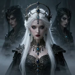 a beautiful white haired princess, adorned with precious stone jewelry, intricate concept art, ominous, sinister dark fantasy, misty, dramatic lighting, octane render, 8 k, ruan jia and jeremy mann and tom bagshaw and alphonse mucha