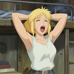Character portrait of a tank top-clad blonde female airship mechanic stretching and yawning in her cramped bunk, steampunk, beautiful face, highly detailed, cel shading, anime still, by Studio Ghibli, Makoto Shinkai, Kyoto Animation