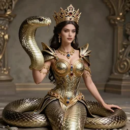 highly detailed photographic render of the snakes queen, beautiful woman, fantasy art, hyper-realistic, beautiful face, attractive body, queen crown, full body, intricate, realistic, cinematic lighting, volumetric lighting, trending on artstation, artstationHD, 8k, highly detailed