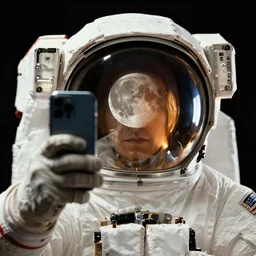 extremely detailed studio portrait of space astronaut taking a selfie, holds a smart phone in one hand, phone!! held up to visor, reflection of phone in visor, moon, extreme close shot, soft light, golden glow, award winning photo by herb ritts
