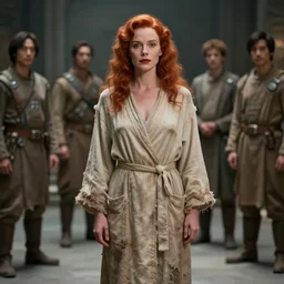 young lauren bacall as redhead mad mother in a tattered bathrobe : costume design concept for a scifi film. by greg rutkowski, john j. park, jason chan, noah bradley, feng zhu, gintas galvanauskas. sharp focus, cinematic atmosphere, detailed and intricate, perfect anatomy