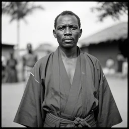analogue photo of an african chief in Haori & Hakama, african facial features, 35mm, f/1.4, black & white, butterfly lighting, national geographic, photographed by Martha Cooper,