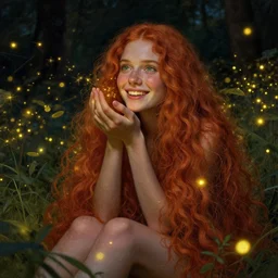 a young woman, smiling, amazed by the lights of golden fireflies, sitting in the midst of nature fully covered, long loose red hair, intricate linework, dreamy green eyes, small nose with freckles, oval shape face, realistic, expressive emotions, dramatic lights, spiritual scene, hyper realistic ultrafine digital art by james jean and albert bierstadt and artgerm