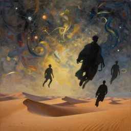 black silhouettes flying over desert dunes, cinematic light, fresco by michealangelo, wasili kandinsky, peblo pocasso, epic, dramatic, liquid oil painting, acrylic, unreal engine, 3 d render, hypperrealistic, 7 0 mm photography, kodak xtra 4 0 0, electrons flying in the sky