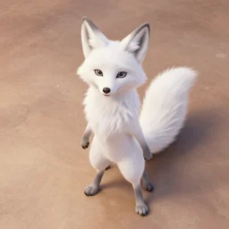full body shot of a anthropomorphic female fox with short white fur covering her body in the style of zootopia, far shot, top down view