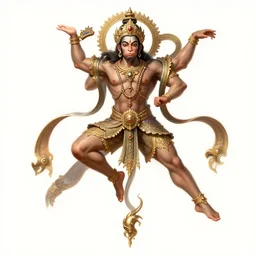 a full body illustration of a beautiful ornated hanuman god, leaping with legs widely stretched, intricate, elegant, highly detailed, digital painting, artstation, concept art, smooth, sharp focus, digital illustration, art by krenz cushart and artem demura and alphonse mucha