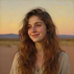 portrait of rhea seehorn, dreamlike whistful expression, enigmatic smile, new mexico background painted by, frederic leighton, beautiful textures, desert sky, golden hour lighting