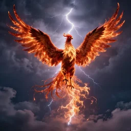 fiery phoenix rising through storm lightning clouds