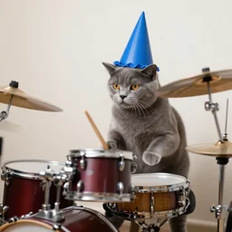 gray cat, in a blue wizard party hat playing a drumkit