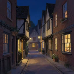 A quaint, magical London street at night, narrow street, Stratford-upon-Avon, digital painting by Alena Aenami, trending on artstation