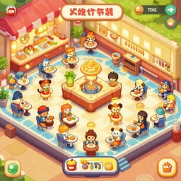 an restaurant tycoon game, colorful, cartoon, cute, detailed,