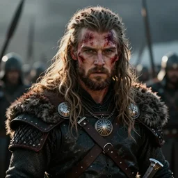viking warrior after battle, bloddy, exhausted, tired, thousand yard stare, realistic, dramatic, epic, cinematic