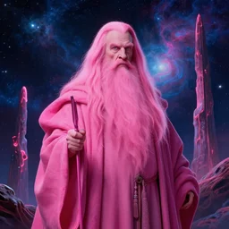 highly detailed matte painting of gandalf the hot pink, surreal, by rhads and zdzislaw beksinski and dan mumford, 8 k hdr, background of outer space neon nebulas, pilar gogar