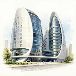 modern beautiful Saha Hadid building with lots of glass and cured surfaces, hypermaximalistic, pencil sketch on paper and watercolour
