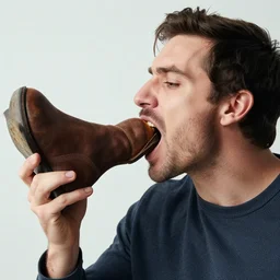 photo still of a man eating a boot boot in mouth holding boot to mouth eating a boot!!!!! eating a boot!!!!!, 8 k