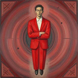 precise by louis valtat navajo red, zoetrope. a drawing of a suit. the man's eyes are closed & he has a serene, content look on his face. his arms are crossed in front of him & is floating in space. background is swirling with geometric shapes & patterns.