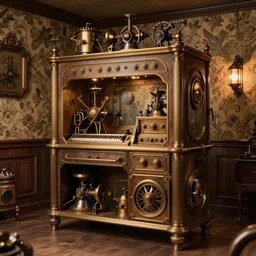 A room with steampunk furniture,  wallpaper on the walls, highly detailed, high definition, sharp focus,