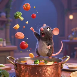 beautiful cinematic fantasy poster of Remy from ratatouille throwing ingredients over a copper pot of soup art direction by Darius Zawadzki ;by artgerm; wayne reynolds art station; cinematic quality character render; low angle; ultra high quality model; production quality cinema model;