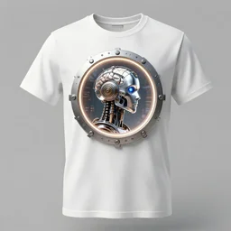mockup of a tshirt with a round glowing metal porthole, behind the porthole is a chrome steampunk futuristic robot head wearing brain sensors with multicolored tubes and a headset, 8 k, front shot, symetrical, flourescent colors, halluzinogenic, multicolored, insanely detailed, front shot, 3 d render, octane