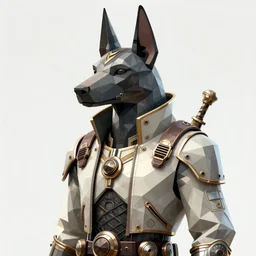 hyperdetailed anubis wearing a pale gray flight jacket armor, steampunk, highly detailed portrait, polygon style, digital painting, artstation hq, ray tracing, unreal engine 5, intricate, elegant