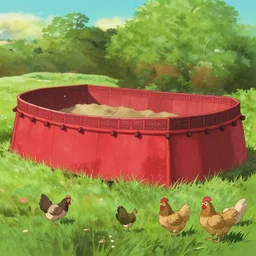 big red and brown japanese fort in a meadow with chickens by studio ghibli painting