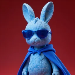 rabbit groot as marble statue with sunglasses, blue sunglasses, in red background, cape, blue cape, soft blue texture, blue realistic 3 d render, high blue lights, 4 k, high detailed photography, 5 0 mm lens, rich blue colors, smooth gradients, depth of field, cinematic, hyper realism, high detail, octane render, unreal engine, 8 k