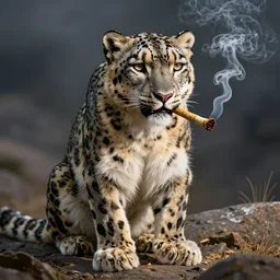 Snow leopard smoking a spliff in his mouth, cartoon