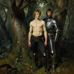 attractive arthur pendragon shirtless but wearing pants with his attractive knight. the knight is also wearing pants. they are hiding in a forest. highly detailed painting by gaston bussiere, craig mullins, j. c. leyendecker
