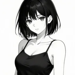 beautiful girl, wearing a thin strap tanktop, in the style of greg rutkowski, anime artstyle, intricate, black and white colors