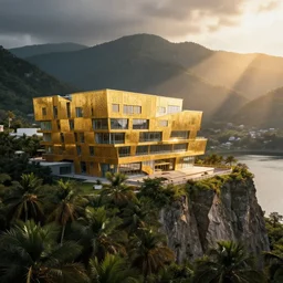 photo of a golden modern multiple stories huge museum with window and wooden slabs facade with perforations, located in palm lush forest on a cliff and mountains in russia next to lake, artificial volumetric lighting, snohetta, norman foster, god sun rays, golden hour atmosphere, moody vibrant dramatic cinematic rendering,