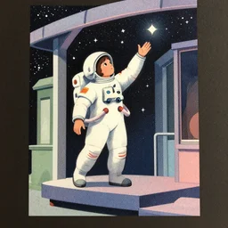 ( ( dither ) ), editorial illustration of a young astronaut girl reaching for the stars, colorful modern, platform exterior, mads berg, karolis strautniekas, ( ( christopher balaskas ) ), fine texture, dynamic pose, detailed, matte print, muted color, lomography, dramatic lighting, ( ( risograph ) ), depth