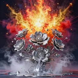beautiful intricately detailed flowers made of liquid mercury and exploding liquid nitrogen, in a vibrant fine detailed modern fine art style by Marc Quinn and Damien Hirst with bright huge fireball explosions of colourful red and gold flame and holi powder