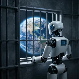 a robot in a prison cell looking out a window with a view of the earth, 8 k resolution, cinematic photograph