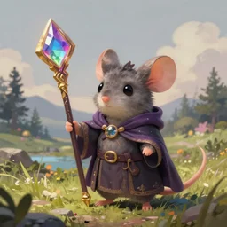 anthropomorphic mouse mage, mage cloak, holding a large prismatic staff, standing in a beautiful landscape, cute and adorable, dnd character art portrait, matte fantasy painting, deviantart artstation, by jason felix by steve argyle by tyler jacobson by peter mohrbacher, cinematic lighting